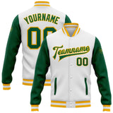 Custom White Kelly Green-Gold Bomber Full-Snap Varsity Letterman Two Tone Jacket