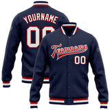 Custom Navy White-Red Bomber Full-Snap Varsity Letterman Jacket