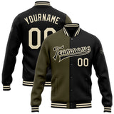 Custom Black Cream-Olive Bomber Full-Snap Varsity Letterman Split Fashion Jacket