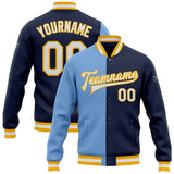 Custom Navy White Light Blue-Gold Bomber Full-Snap Varsity Letterman Split Fashion Jacket