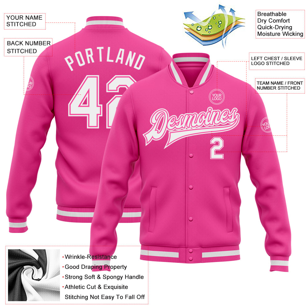 Custom Pink White Bomber Full-Snap Varsity Letterman Jacket