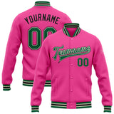 Custom Pink Kelly Green Cream-Black Bomber Full-Snap Varsity Letterman Jacket