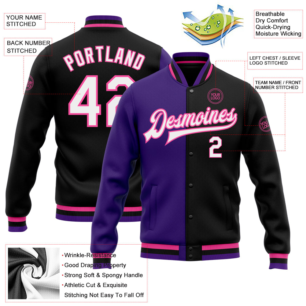Custom Black White Purple-Pink Bomber Full-Snap Varsity Letterman Split Fashion Jacket