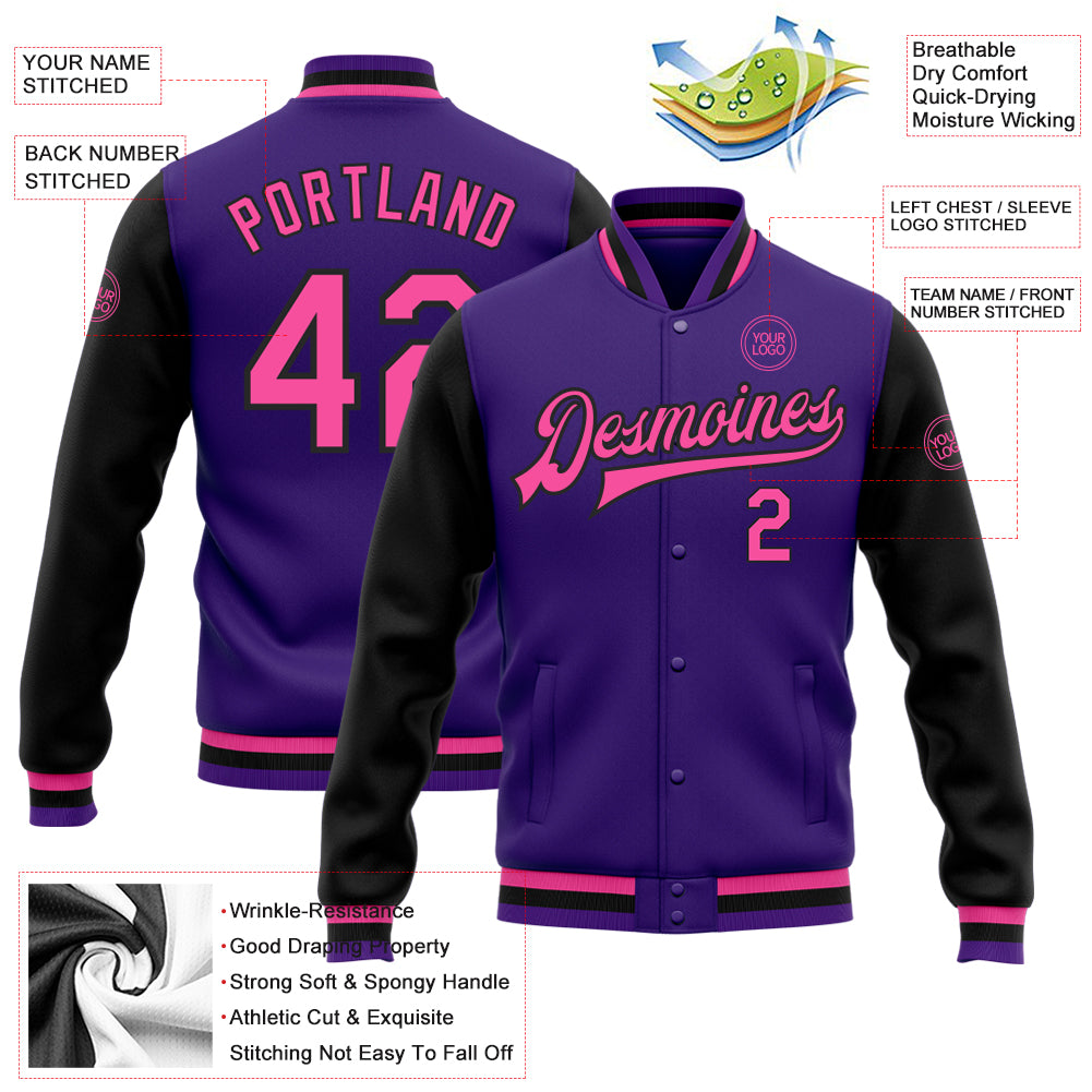 Custom Purple Pink-Black Bomber Full-Snap Varsity Letterman Two Tone Jacket