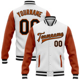 Custom White Black-Texas Orange Bomber Full-Snap Varsity Letterman Two Tone Jacket