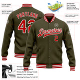 Custom Olive Red-White Bomber Full-Snap Varsity Letterman Salute To Service Jacket