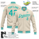 Custom Cream Aqua-White Bomber Full-Snap Varsity Letterman Jacket