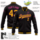 Custom Black Pink Pinstripe Gold Bomber Full-Snap Varsity Letterman Jacket