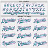 Custom White Teal Pinstripe Pink Bomber Full-Snap Varsity Letterman Jacket
