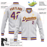 Custom White Purple Pinstripe Gold Bomber Full-Snap Varsity Letterman Jacket