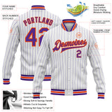 Custom White Purple Pinstripe Orange Bomber Full-Snap Varsity Letterman Jacket