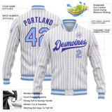 Custom White Purple Pinstripe Light Blue Bomber Full-Snap Varsity Letterman Jacket