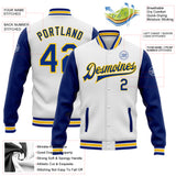 Custom White Royal-Yellow Bomber Full-Snap Varsity Letterman Two Tone Jacket