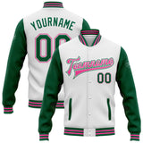 Custom White Kelly Green-Pink Bomber Full-Snap Varsity Letterman Two Tone Jacket