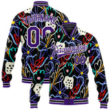 Custom Graffiti Pattern Purple-White Hand Painted Flowers 3D Bomber Full-Snap Varsity Letterman Jacket