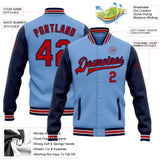 Custom Light Blue Red-Navy Bomber Full-Snap Varsity Letterman Two Tone Jacket