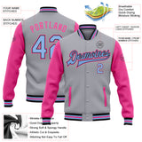 Custom Gray Light Blue Black-Pink Bomber Full-Snap Varsity Letterman Two Tone Jacket