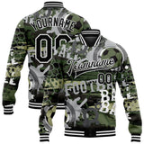 Custom Camo Black-White Football 3D Pattern Design Bomber Full-Snap Varsity Letterman Salute To Service Jacket