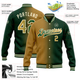 Custom Green Old Gold-Cream Bomber Full-Snap Varsity Letterman Gradient Fashion Jacket