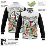 Custom White Black Graffiti Musical Instruments Music Festival 3D Pattern Design Bomber Full-Snap Varsity Letterman Jacket