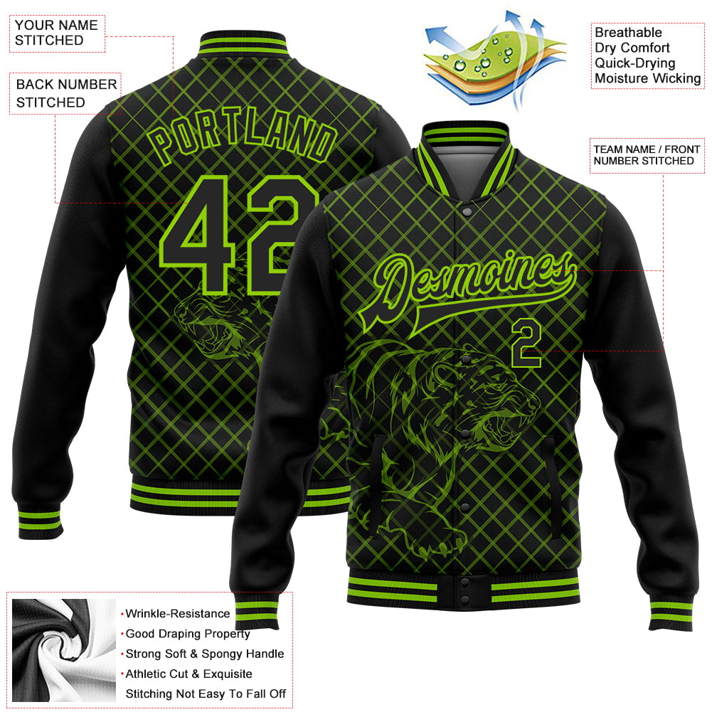 Custom Black Neon Green Check And Tiger 3D Pattern Design Bomber Full-Snap Varsity Letterman Jacket