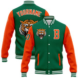 Custom Kelly Green Orange-White 3D Pattern Design Bomber Full-Snap Varsity Letterman Jacket