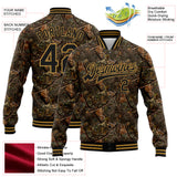 Custom Camo Black-Old Gold Realistic Forest Camouflage 3D Bomber Full-Snap Varsity Letterman Salute To Service Jacket