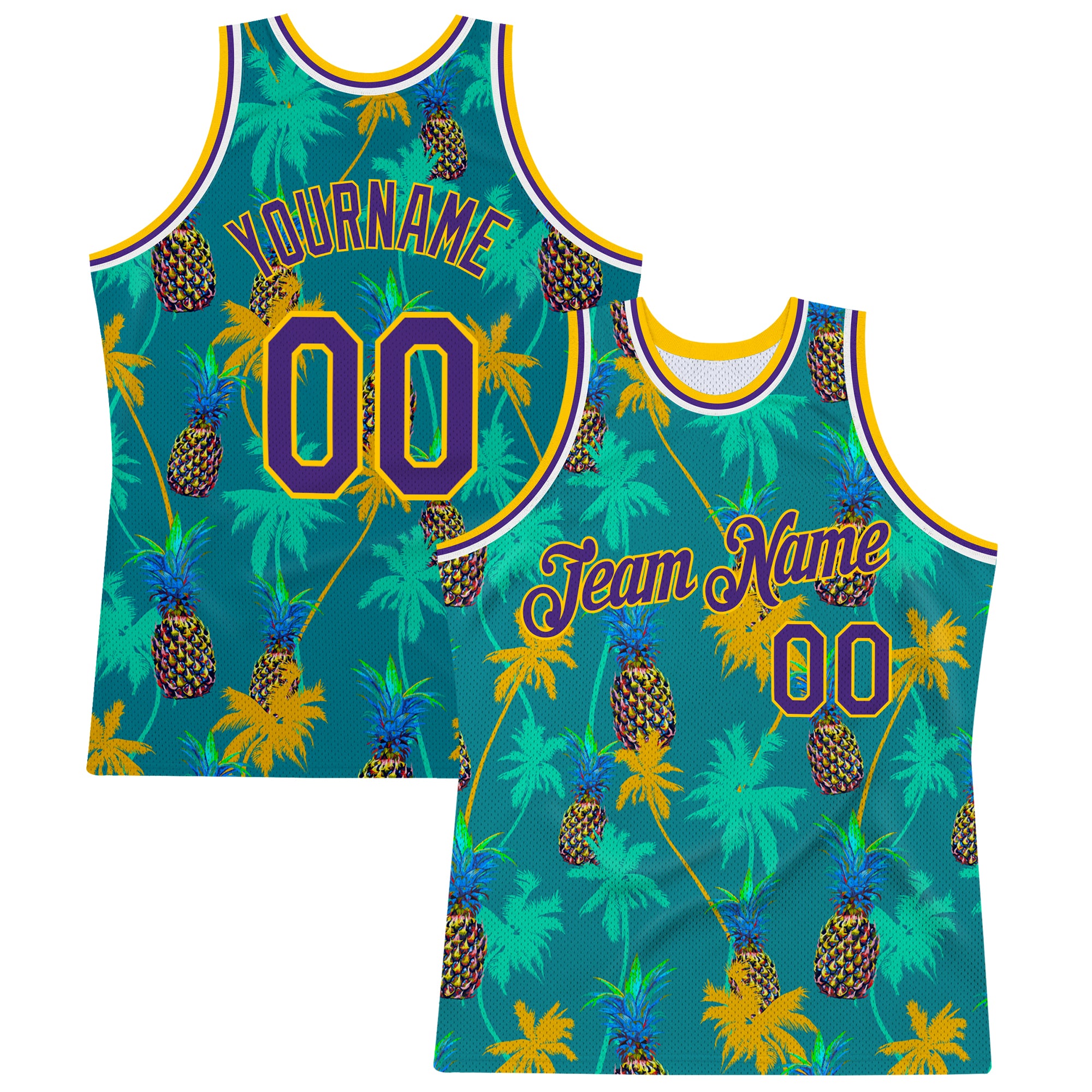 Custom Kelly Green Purple-Gold 3D Pattern Hawaii Palm Trees Pineapples Authentic Basketball Jersey