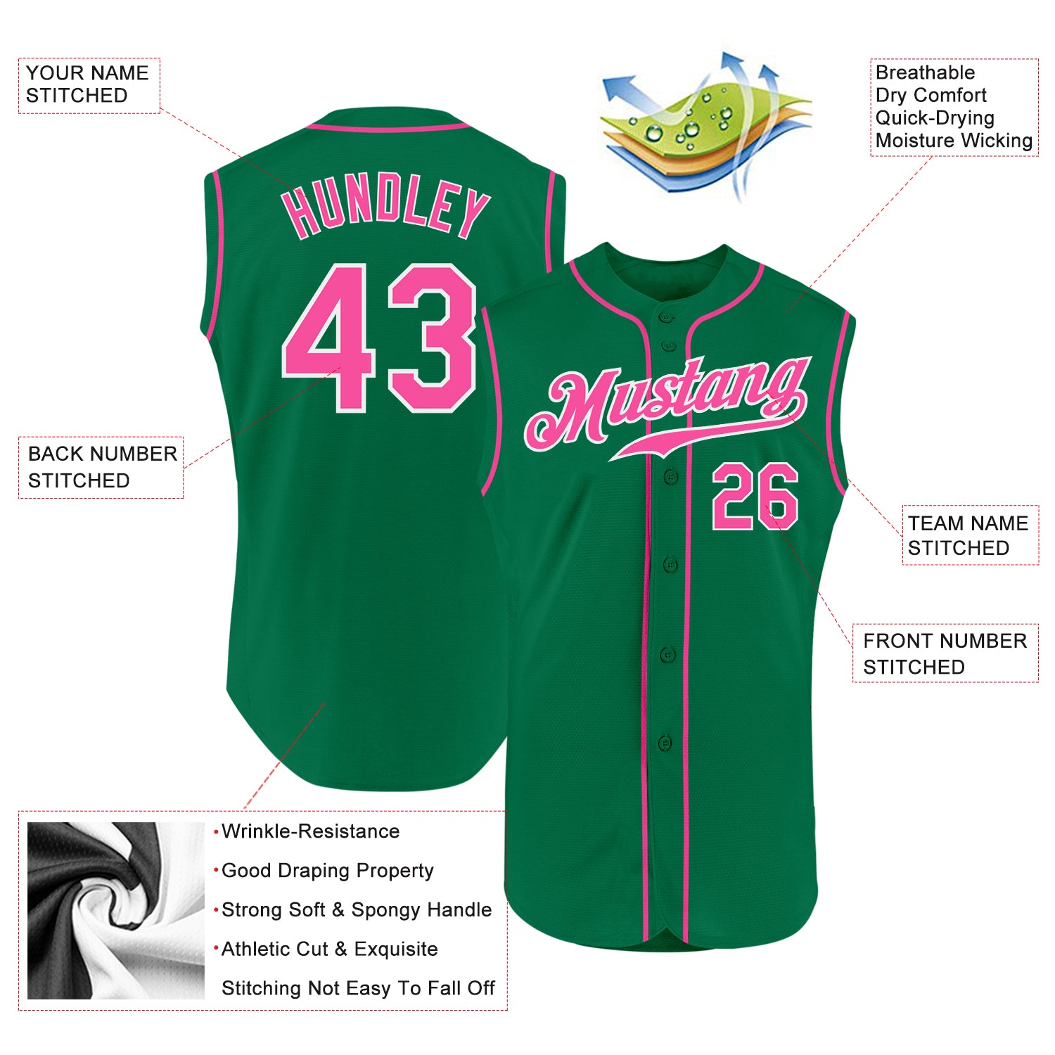 Custom Kelly Green Pink-White Authentic Sleeveless Baseball Jersey