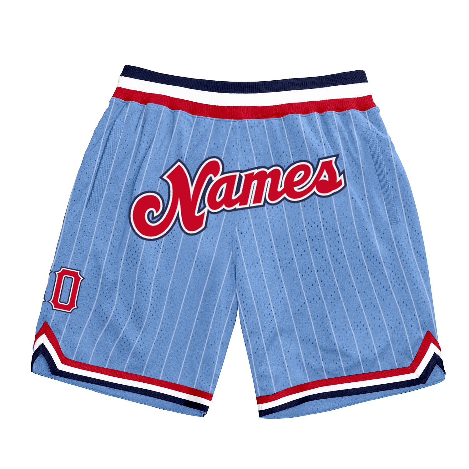 Custom Light Blue White Pinstripe Red-Navy Authentic Basketball Shorts