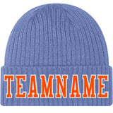 Custom Light Blue Orange-White Stitched Cuffed Knit Hat