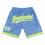 Custom Light Blue White-Neon Green Authentic Throwback Basketball Shorts