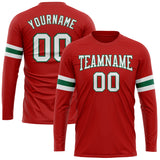 Custom Red White-Kelly Green Long Sleeve Performance T-Shirt