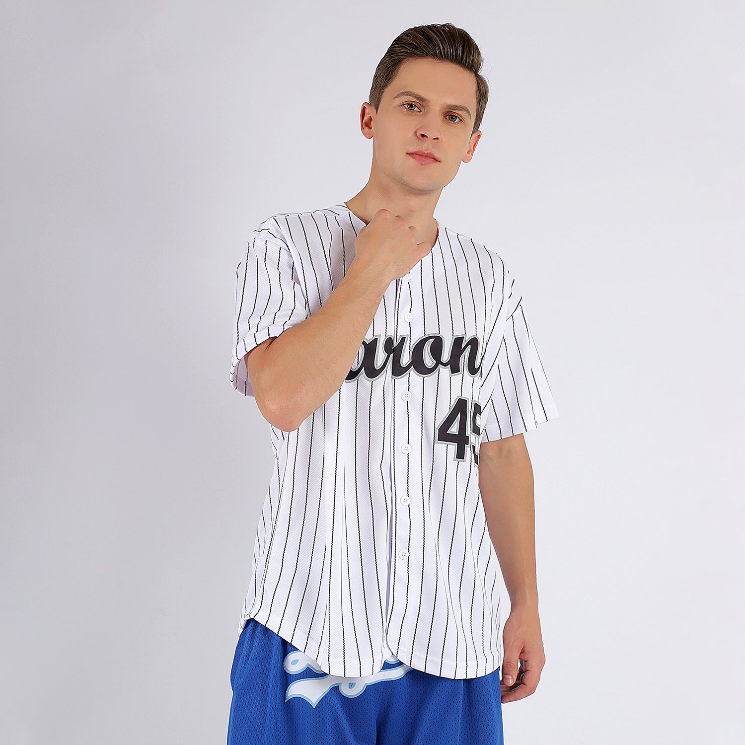 Custom White Black Pinstripe Black-Gray Baseball Jersey