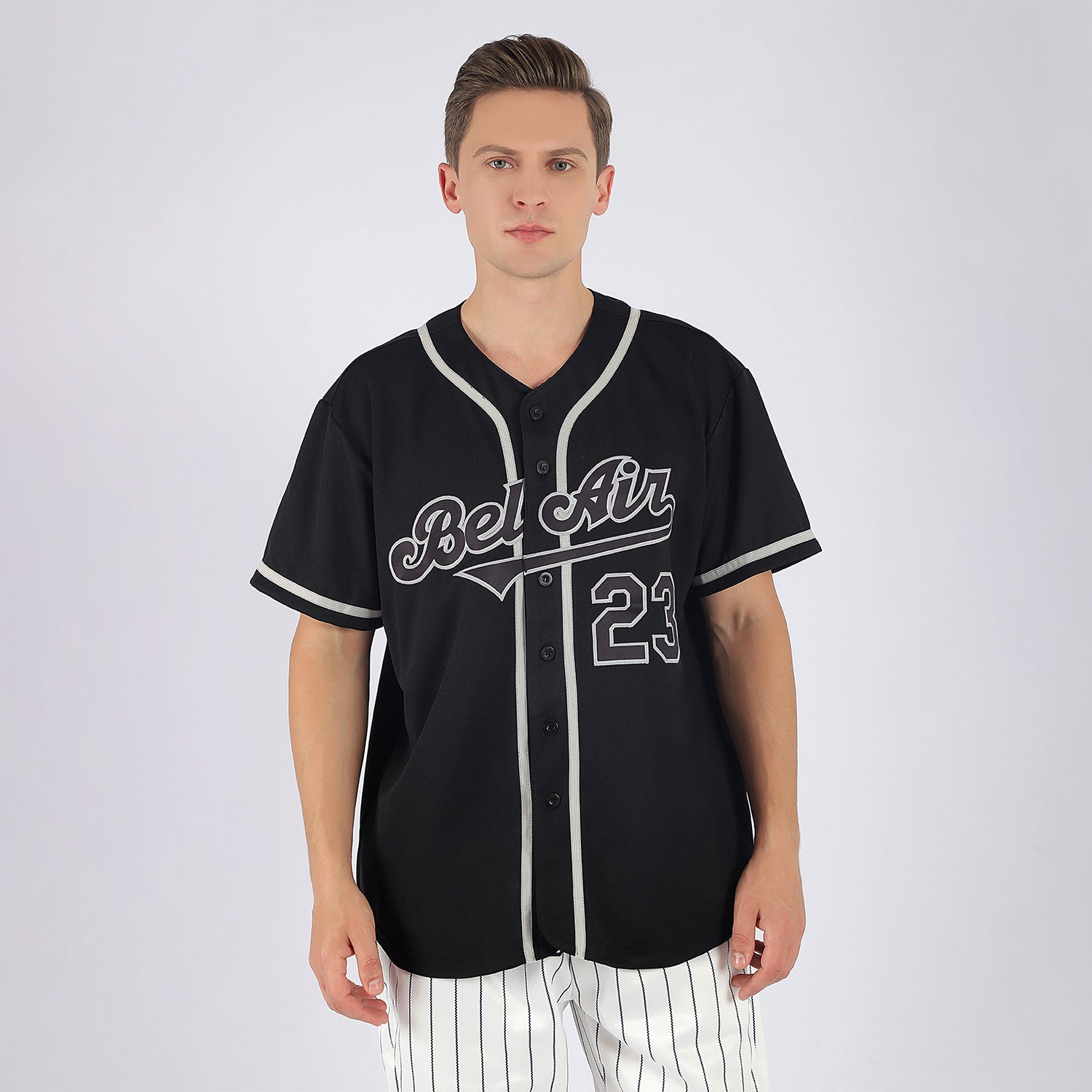 Custom Gray Black Pinstripe Red-Black Authentic Baseball Jersey Discount