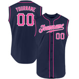 Custom Navy Pink-White Authentic Sleeveless Baseball Jersey