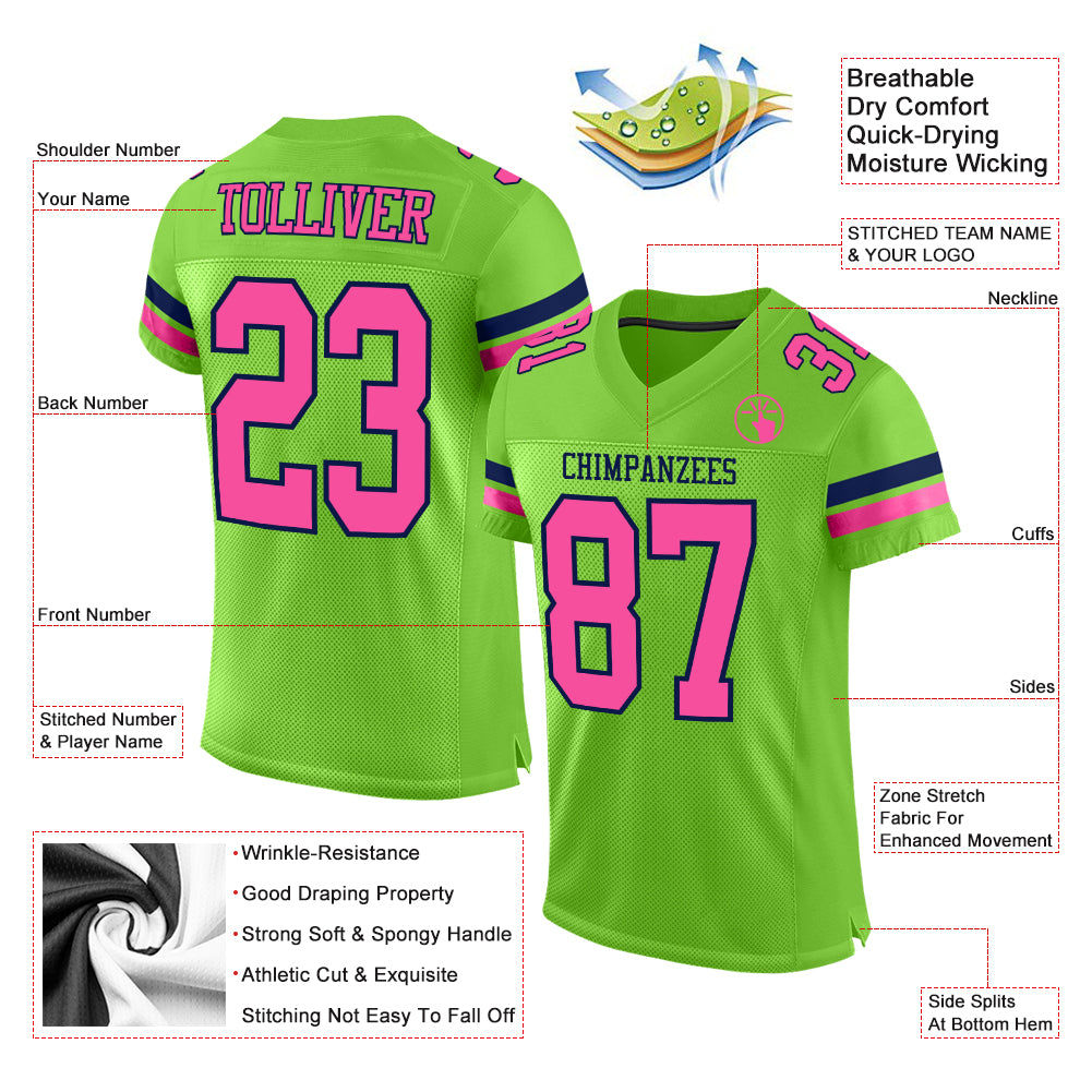 Custom Neon Green Pink-Navy Mesh Authentic Football Jersey