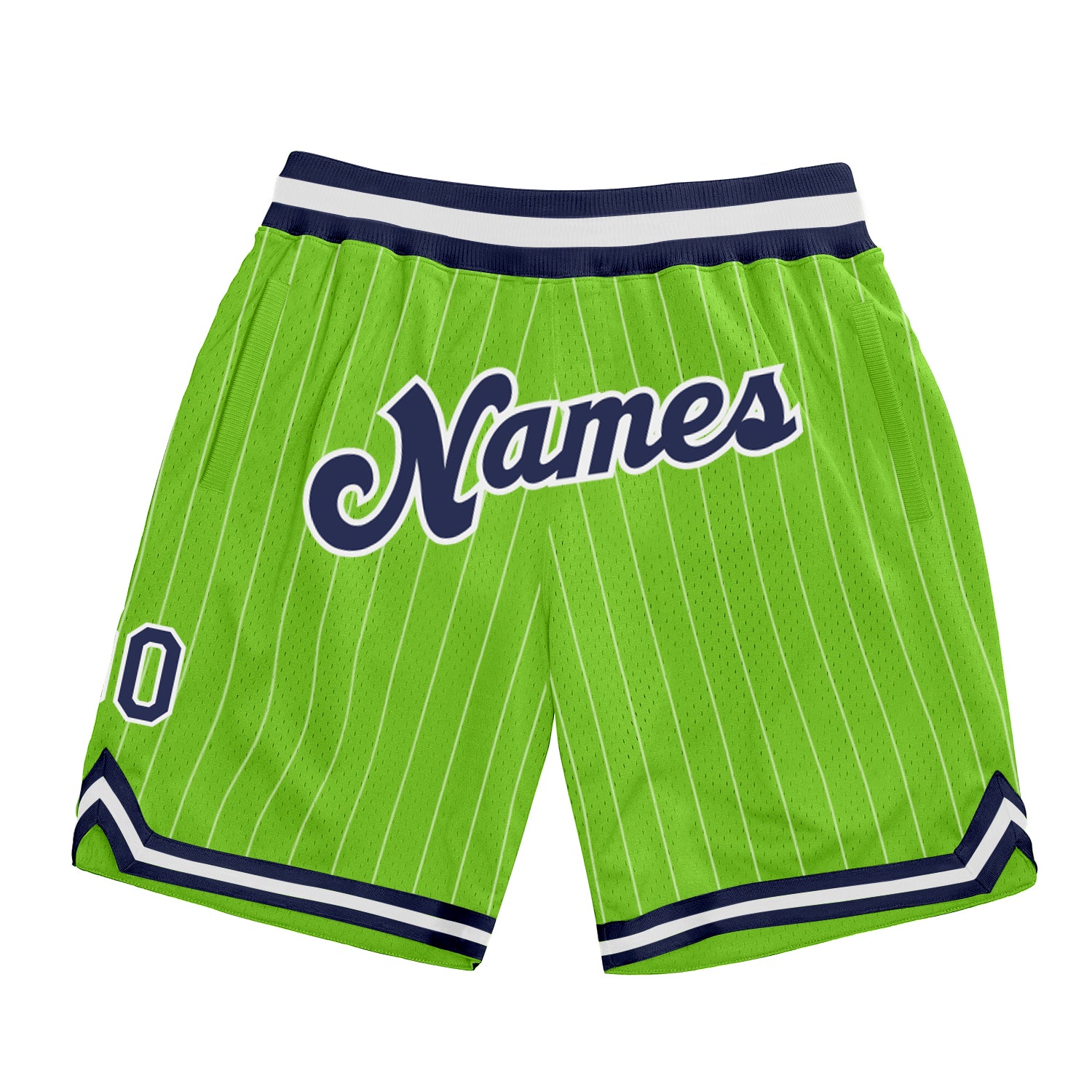 Custom Neon Green White Pinstripe Navy-White Authentic Basketball Shorts