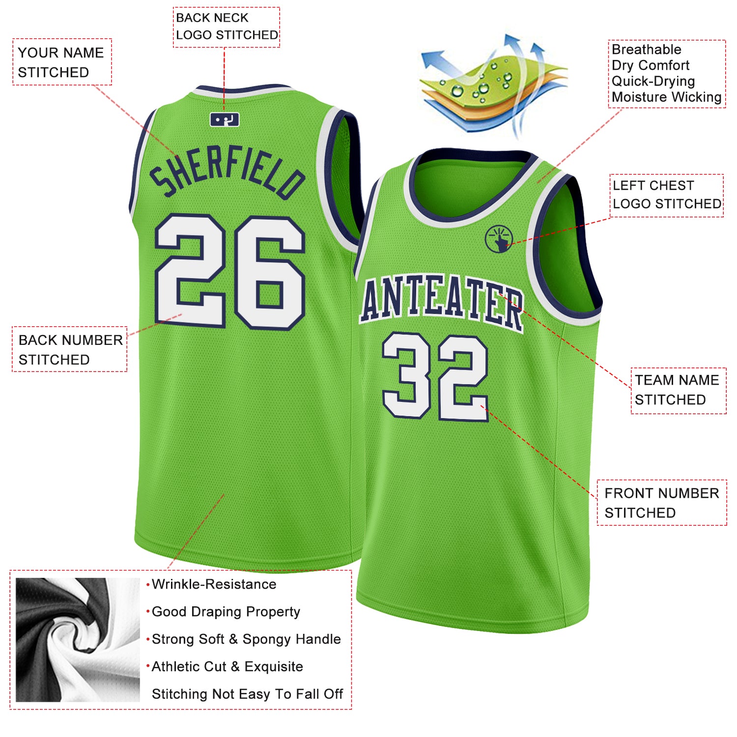 Custom Neon Green White-Navy Authentic Basketball Jersey