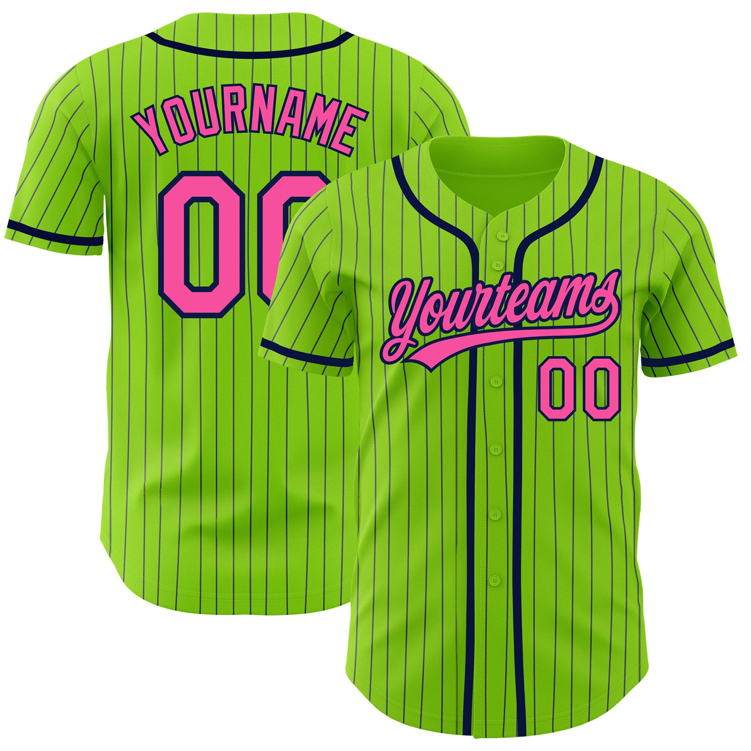 Custom Neon Green Navy Pinstripe Pink Authentic Baseball Jersey