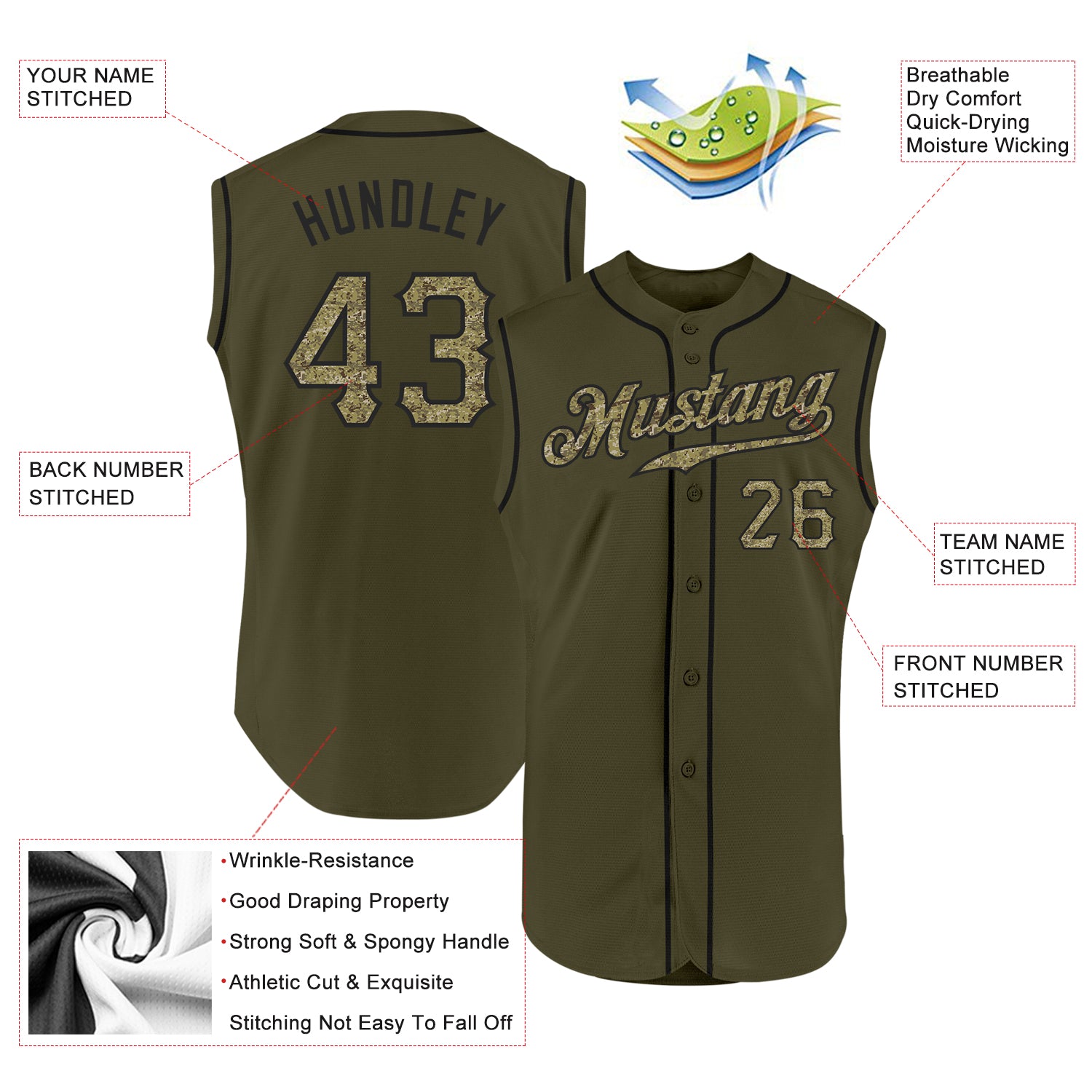 Custom Olive Camo-Black Authentic Sleeveless Salute To Service Baseball Jersey