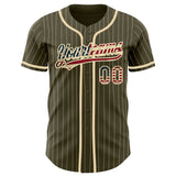 Custom Olive City Cream Pinstripe Vintage USA Flag Authentic Salute To Service Baseball Jersey