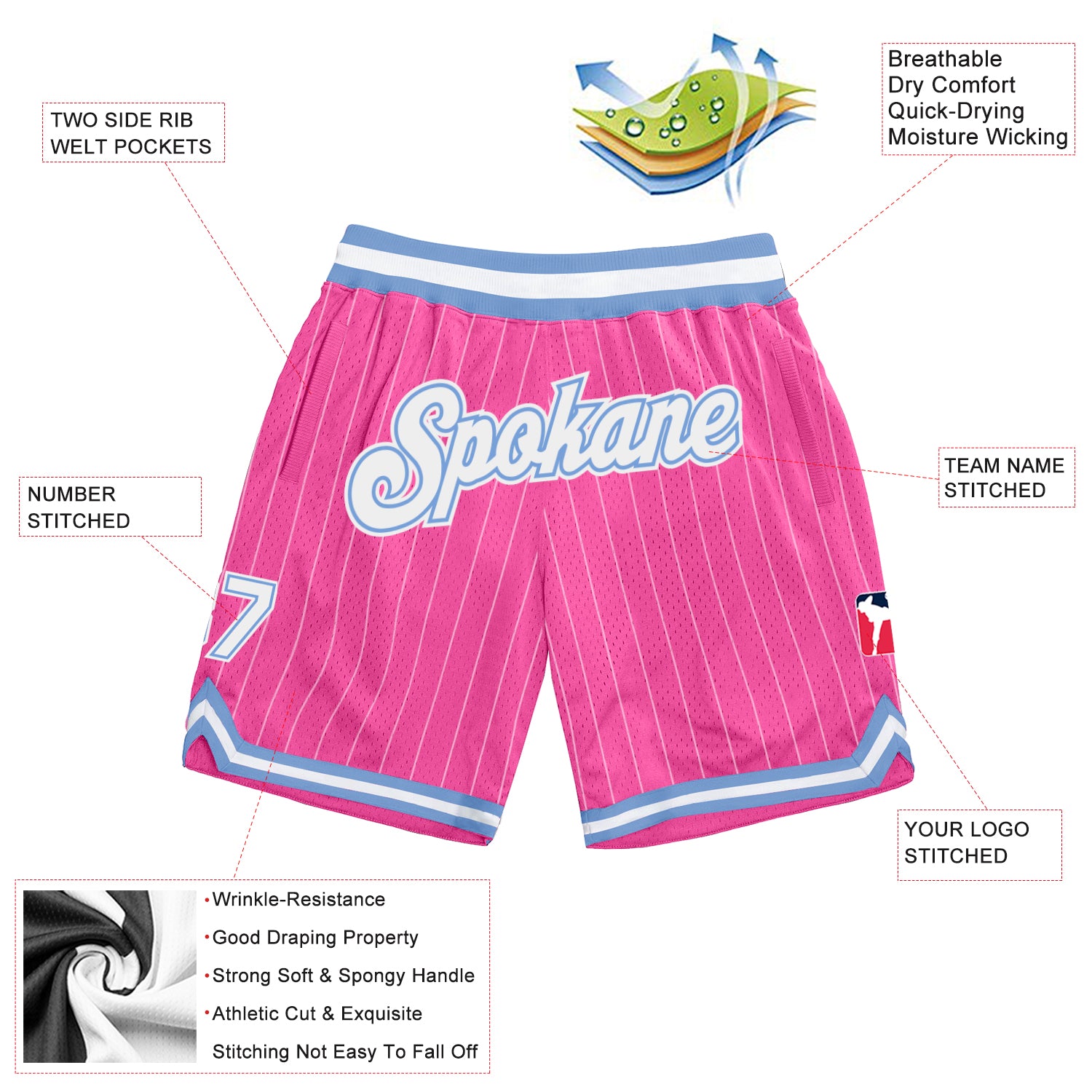 Custom Pink White Pinstripe White-Light Blue Authentic Basketball Shorts