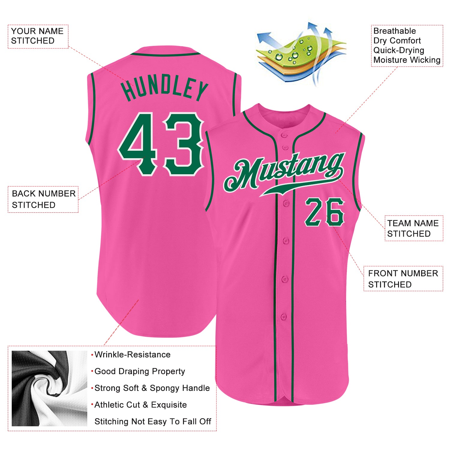Custom Pink Kelly Green-White Authentic Sleeveless Baseball Jersey