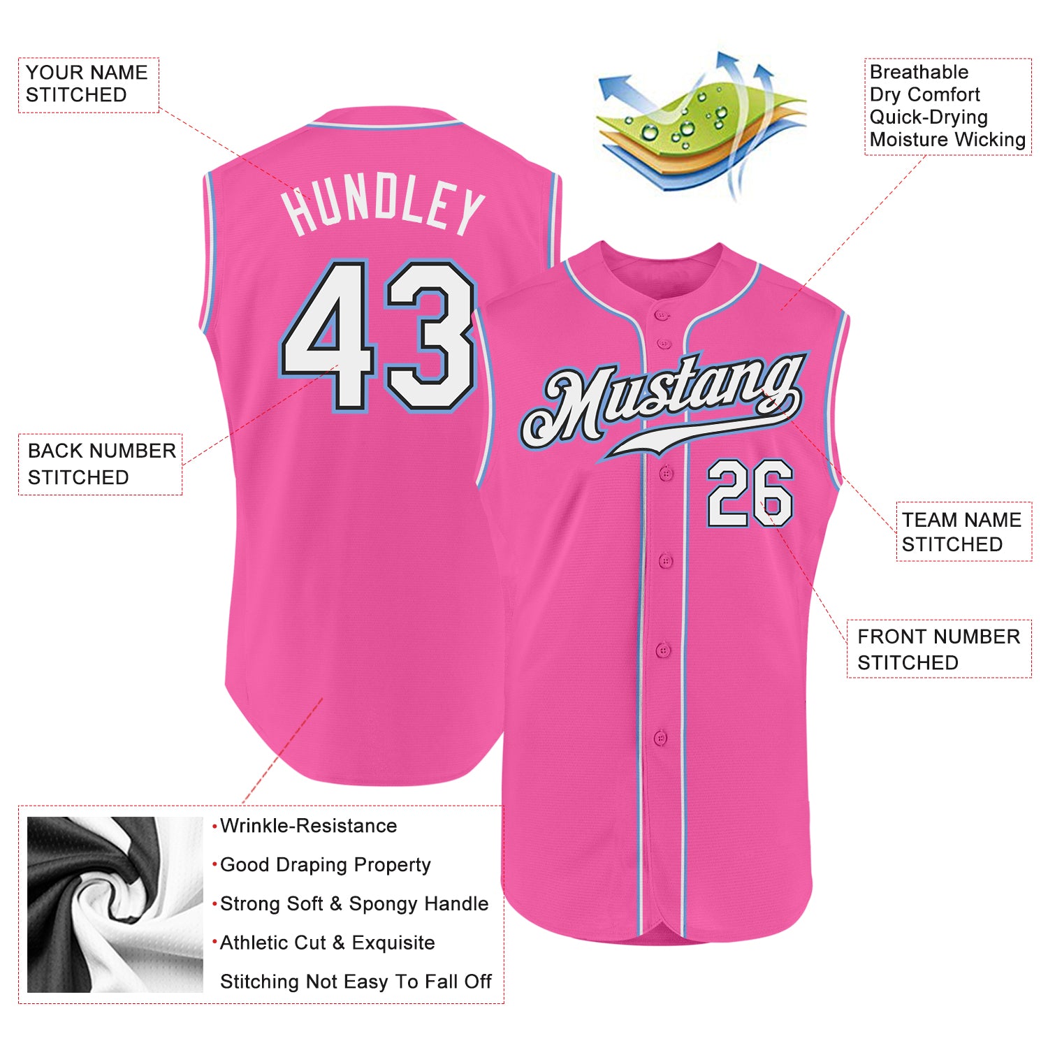 Custom Pink White-Light Blue Authentic Sleeveless Baseball Jersey