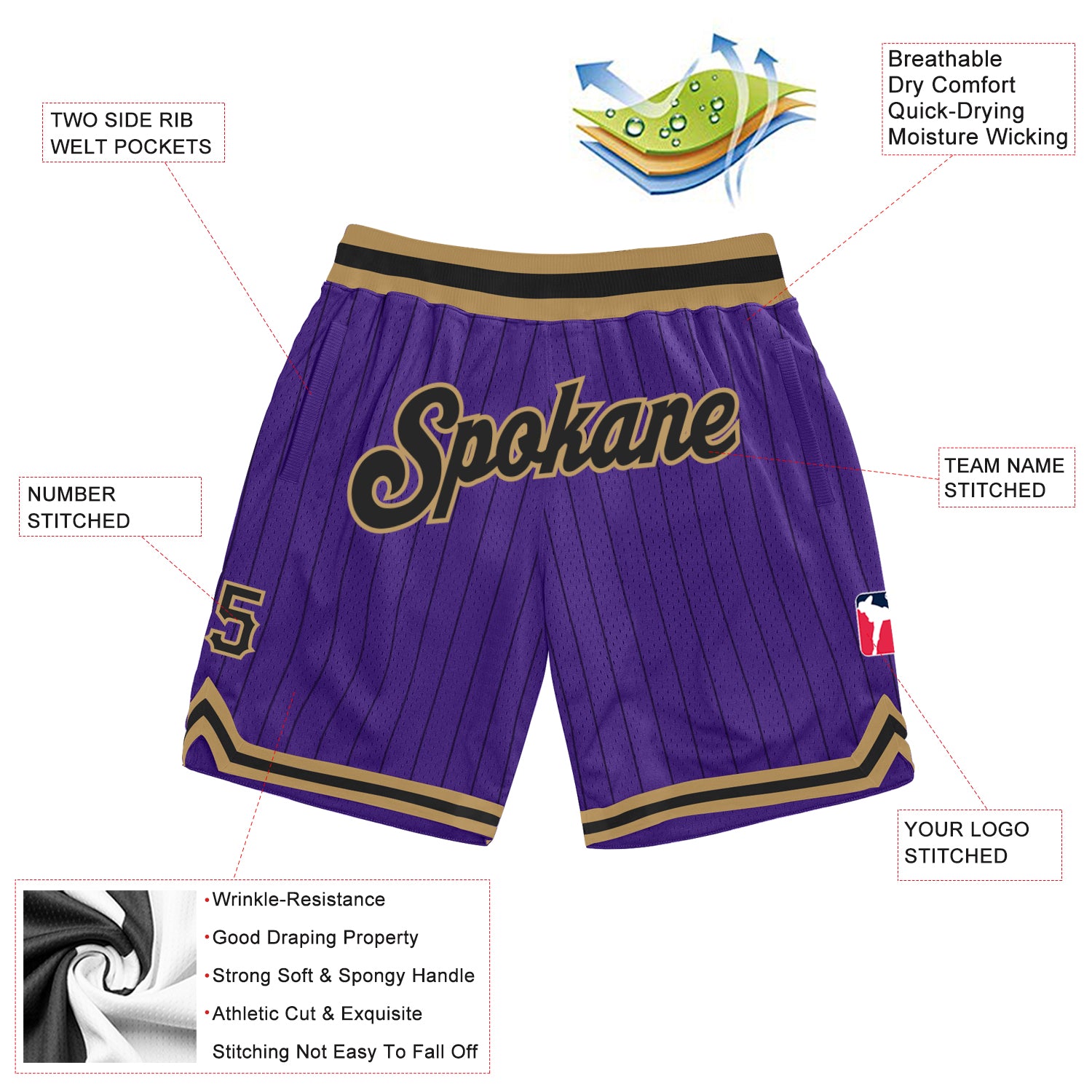 Custom Purple Black Pinstripe Black-Old Gold Authentic Basketball Shorts