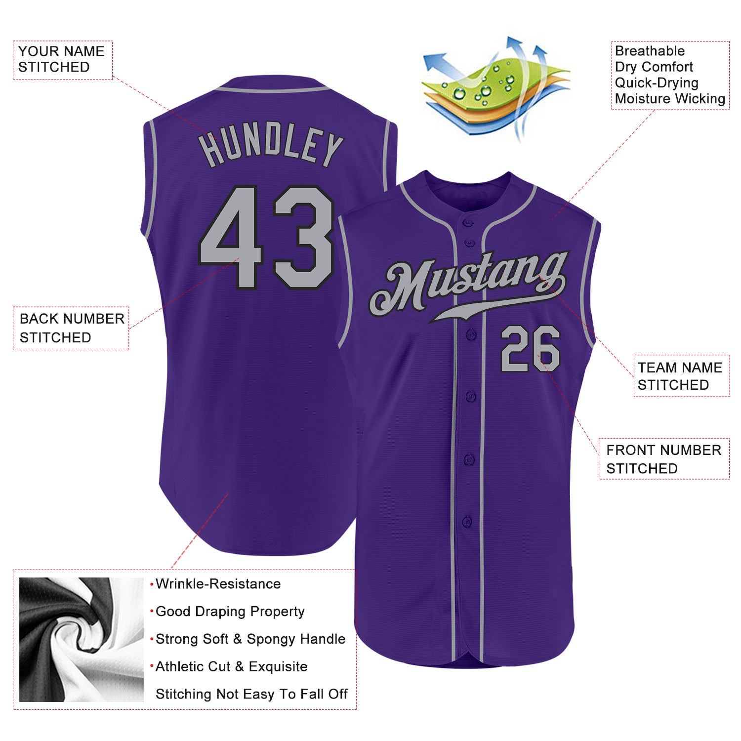 Custom Purple Gray-Black Authentic Sleeveless Baseball Jersey
