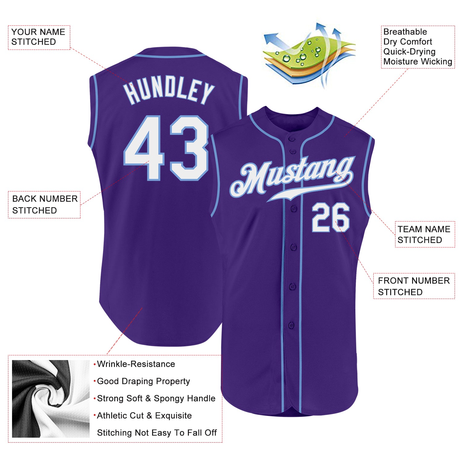 Custom Purple White-Light Blue Authentic Sleeveless Baseball Jersey