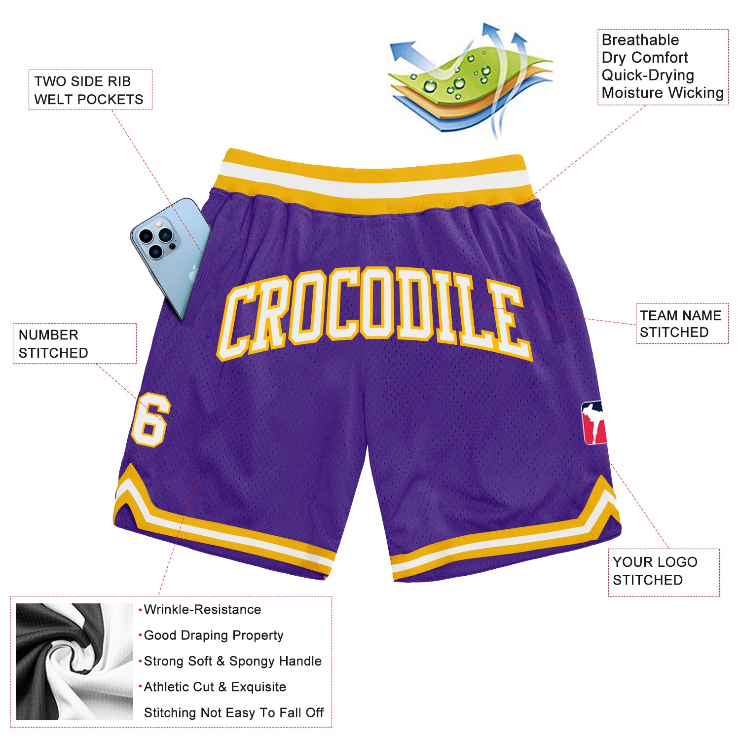Custom Purple White Gold Authentic Throwback Basketball Shorts Clearance FanCustom