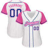 Custom White Pink Pinstripe Royal-Pink Authentic Raglan Sleeves Baseball Jersey